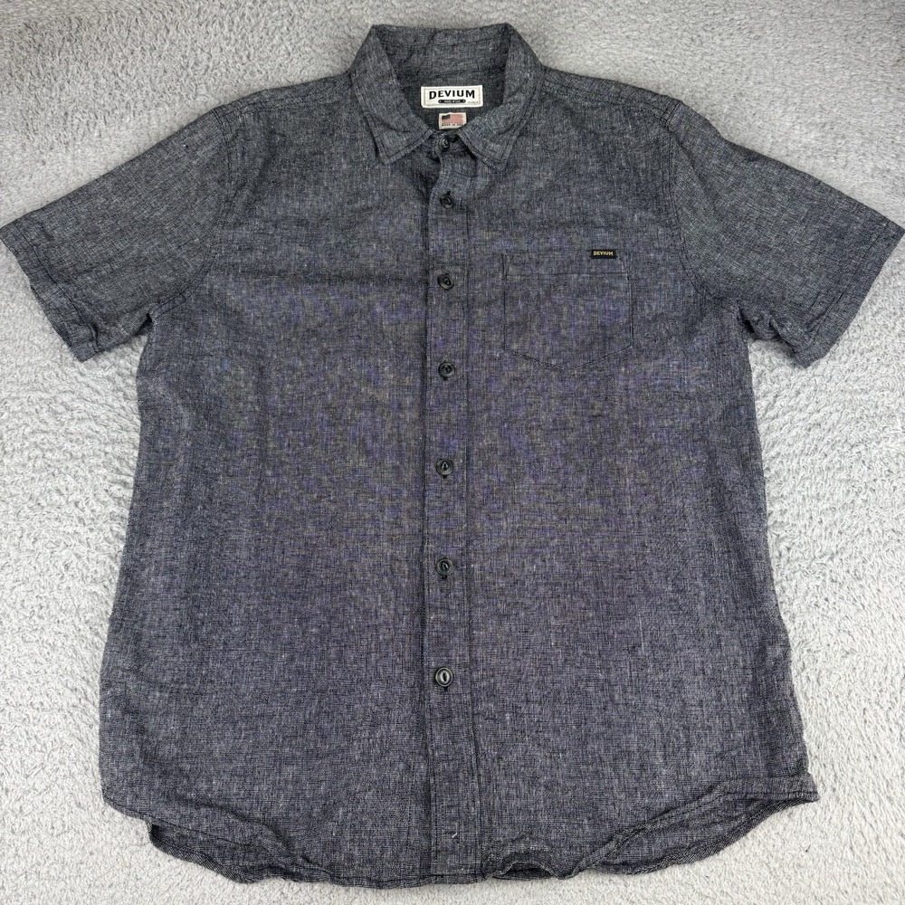 Devium USA Shirt Mens Xl Grey Button Short Sleeve Linen Cotton Blend Gray